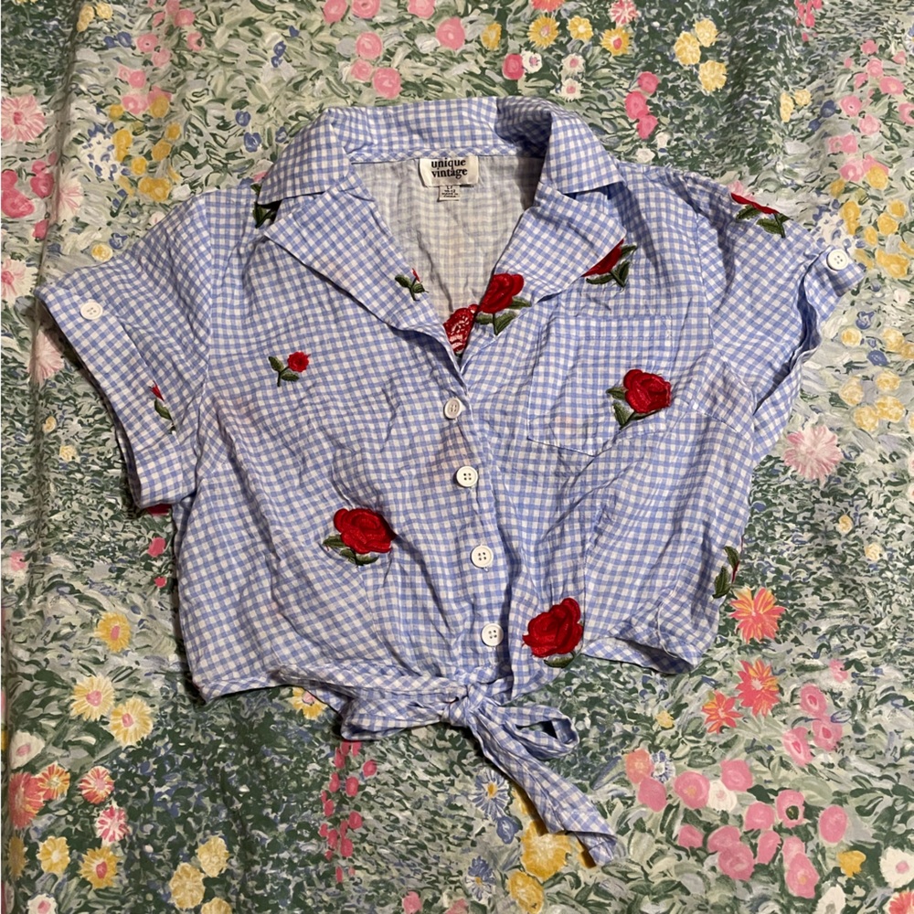 Blue gingham rose embroidered vintage style blouse - Collectif